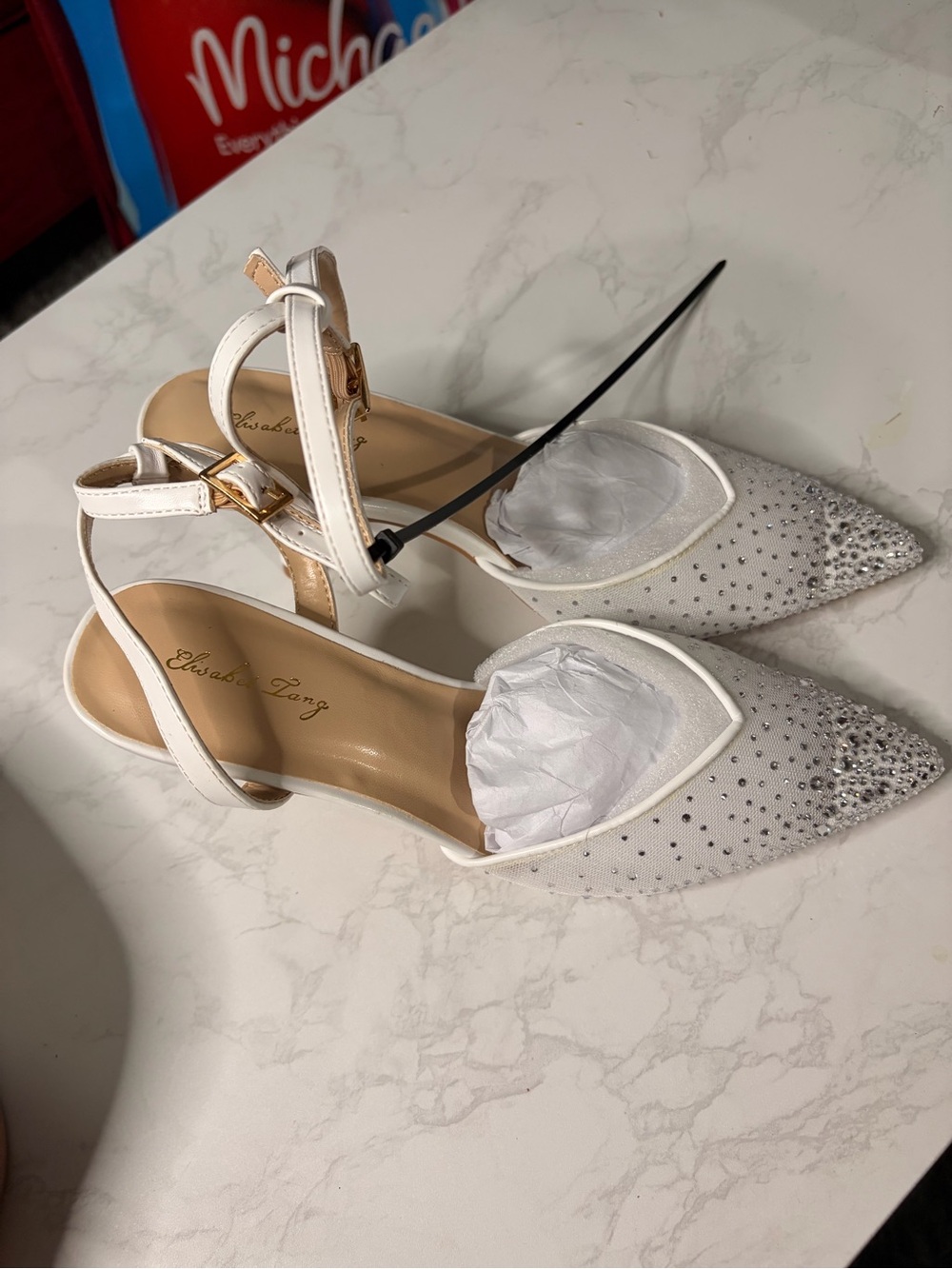 Pointed-Toe White Rhinestone Ankle-Strap Heels - Picture 5 of 8